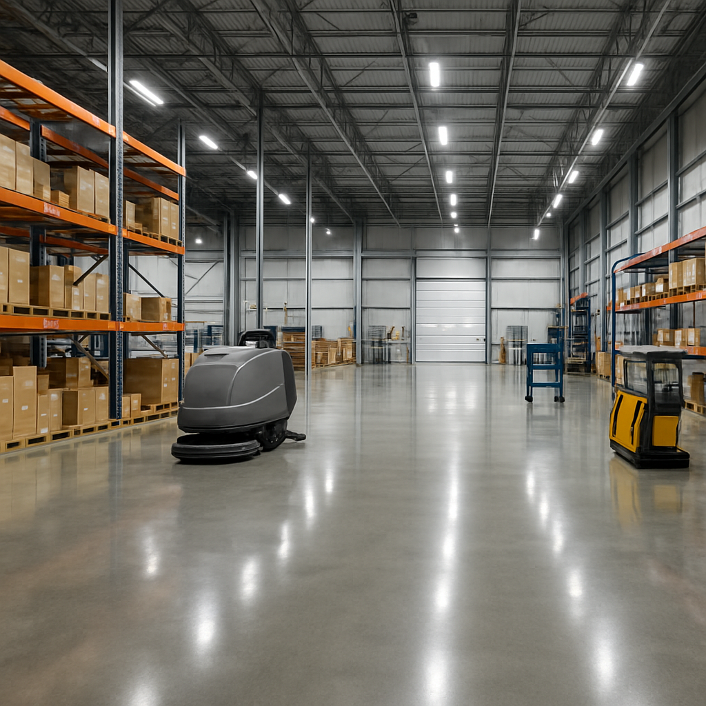 Professional industrial warehouse cleaning - clean polished concrete floors and modern facility